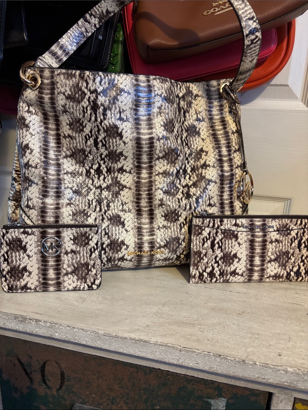 Michael Kors Snake-Print Shoulder Bag with Matching Wallets in Neutral Tones